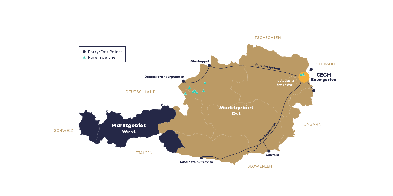 Karte von Österreich, aufgeteilt in Marktgebiet Ost und Marktgebiet West